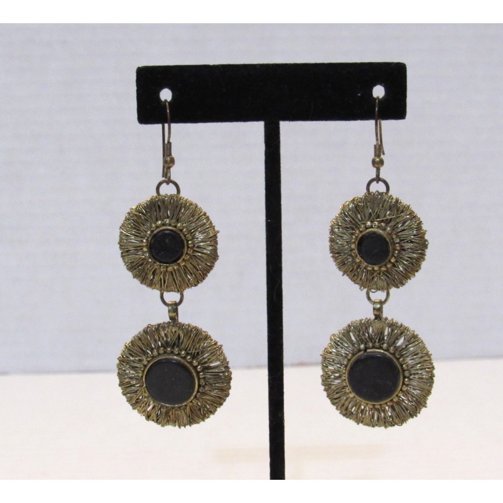 Vintage Brass Tone Wire Wrapped Double Tier Sunburst Drop Earrings Black Stone